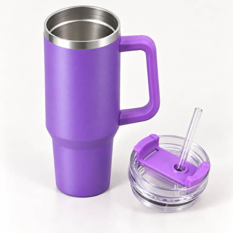 Insulated Travel Tumbler with Handle, Lid and Straw