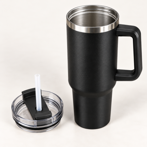 Insulated Travel Tumbler with Handle, Clear Lid and Straw – Corporate Gift