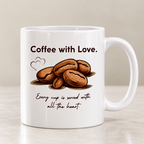 White Ceramic Coffee Mug with Love Quote and Coffee Bean Design