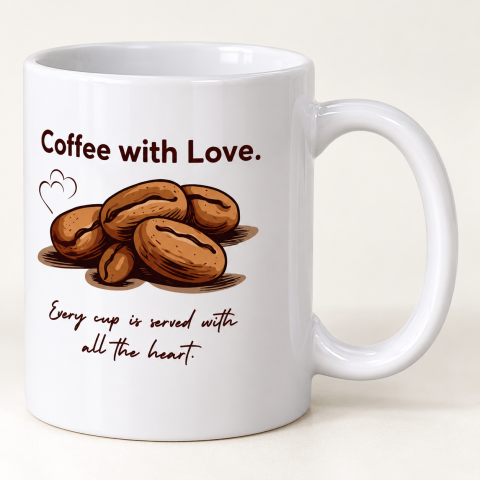 White Ceramic Coffee Mug with Love Quote and Coffee Bean Design