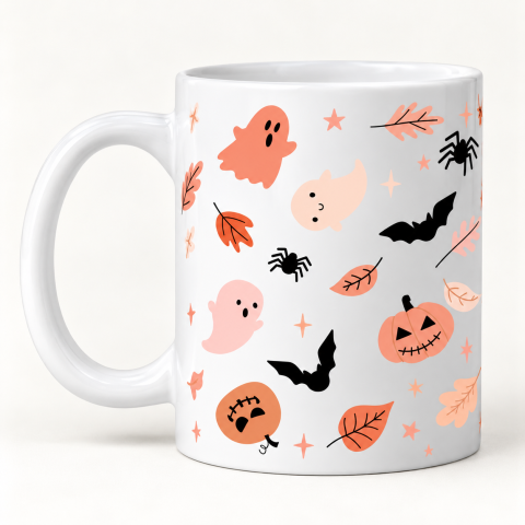 Cute Pastel Halloween Ceramic Coffee Mug with Ghost, Pumpkin & Bat Print