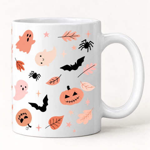 Cute Pastel Halloween Ceramic Coffee Mug with Ghost, Pumpkin & Bat Print