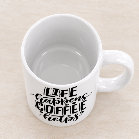 Life Happens Coffee Helps Ceramic Coffee Mug with Typography Print