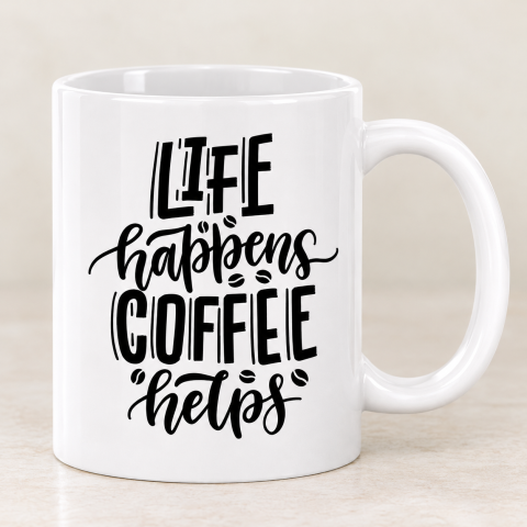 Life Happens Coffee Helps Ceramic Coffee Mug with Typography Print