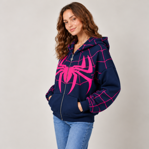 Spider Graphic Print Zip-Up Hoodie for Women
