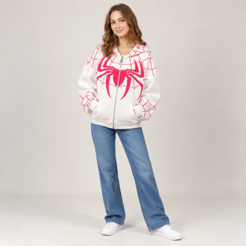 Spider Graphic Print Zip-Up Hoodie for Women