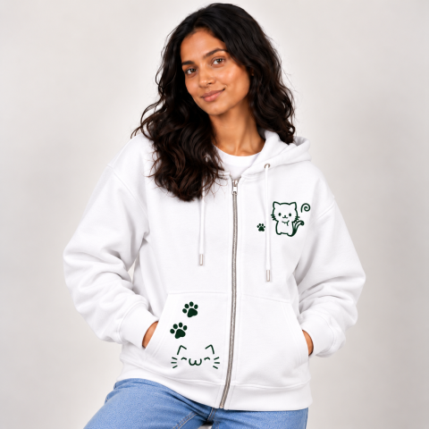 Kawaii Cat Graphic Print Zip-Up Hoodie for Women
