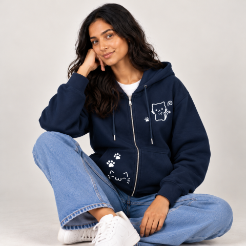 Kawaii Cat Graphic Print Zip-Up Hoodie for Women