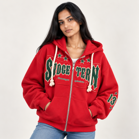Women's Varsity Graphic Print Zip-Up Hoodie with Hood and Front Pockets