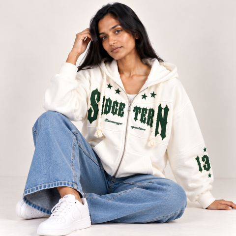 Women's Varsity Graphic Print Zip-Up Hoodie with Hood and Front Pockets